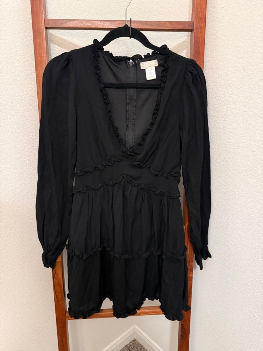 Altar'd State Black Long Sleeve Ruffle Trim Mini Dress Size Medium